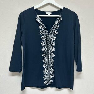 J. jill Petite Tunic Top Embroidered Modal Pullover Blouse XS Blue White Office